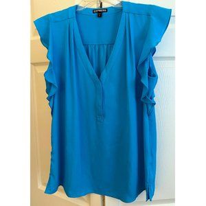 Express Electric Blue Flutter Sleeve V-Neck Blouse, Size L